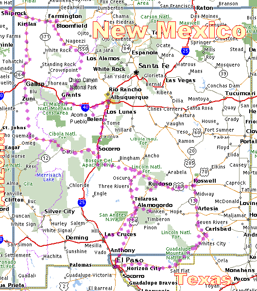 New Mexico Map (route indicated by purple dots)